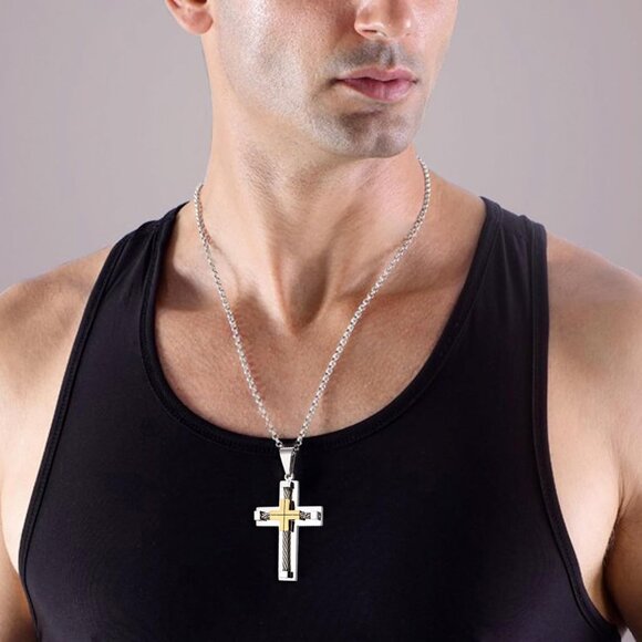 Men's 2.44 Inches Stainless Steel Cross Jesus Christ Rolo Chain Necklace - Picture 2 of 9